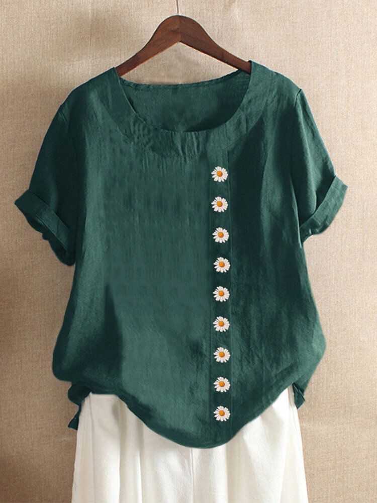 Dames Effen Kleur Daisy Print Ronde Hals Vintage T-shirts Met Korte Mouwen