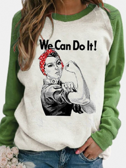 Dames Figuurpatroon Slogan Print Patchwork Raglanmouwen Casual T-shirt