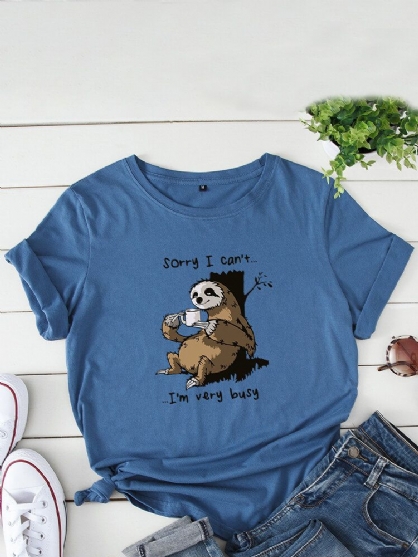 Dames Grappige Luiaard Slogan Print O-hals Korte Mouw Dagelijks Comfortabel T-shirt