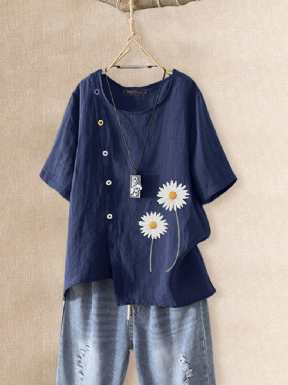 Dames Vintage O-hals Button Daisy Bloemenprint Korte Mouwen T-shirts