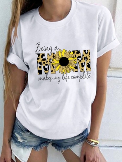Flower Leopard Letter Print Korte Mouwen O-hals T-shirts Voor Dames