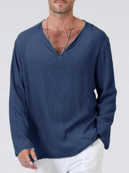 Heren 100% Katoen Effen Kleur V-hals Casual T-shirts Met Lange Mouwen