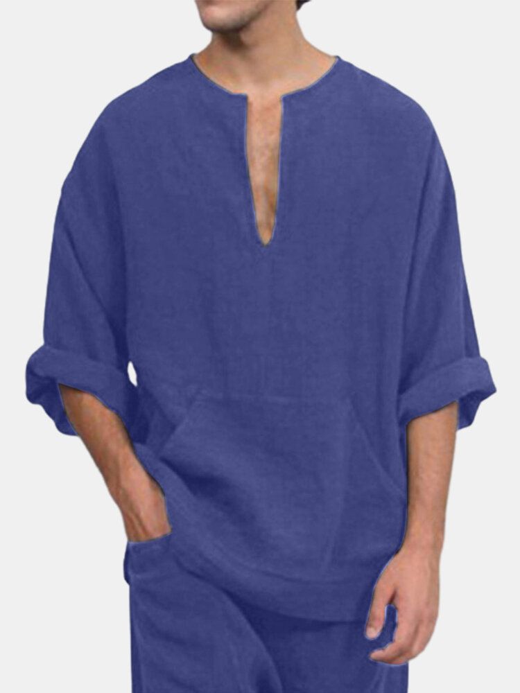 Heren Effen V-hals Hoge Lage Losse T-shirts Met Lange Mouwen Met Zak