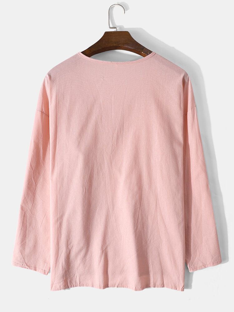 Heren Effen V-hals Hoge Lage Losse T-shirts Met Lange Mouwen Met Zak