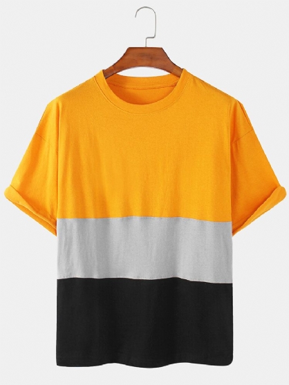 Heren Katoenen Colorblock Ademende Losse Casual T-shirts Met Ronde Hals