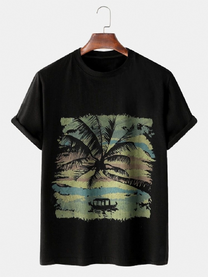 Heren Kokospalm Print Ademende Losse Casual T-shirts Met Ronde Hals
