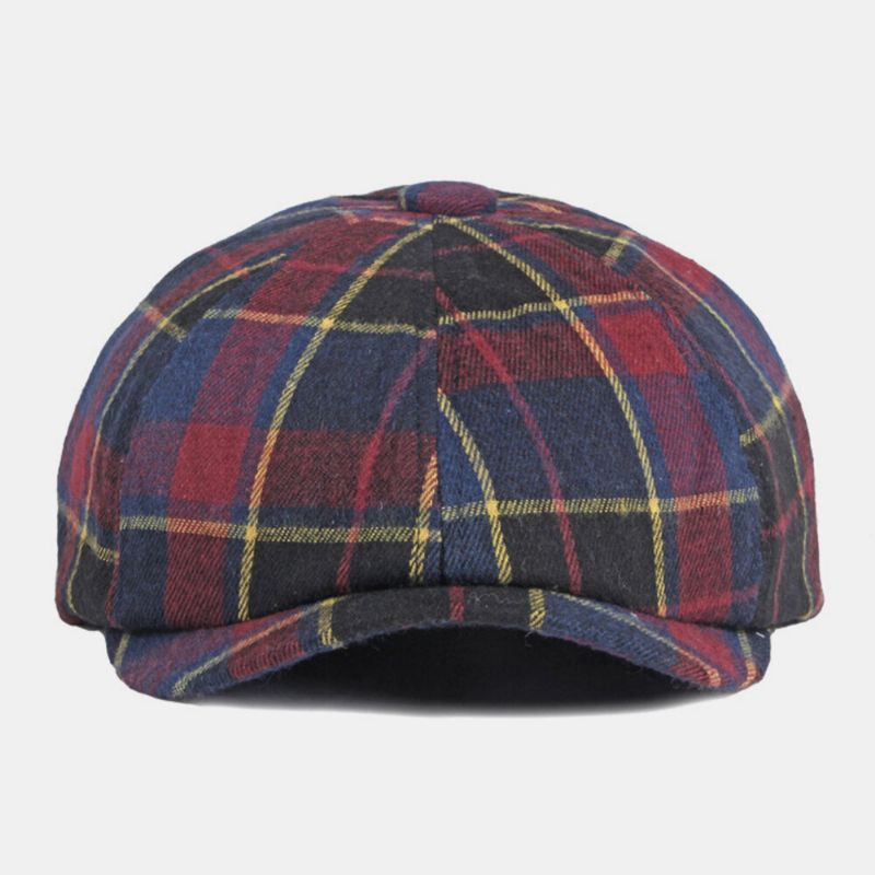 Unisex Gekleurd Geruit Patroon Britse Retro Baretmuts Achthoekige Hoed Schilderspet