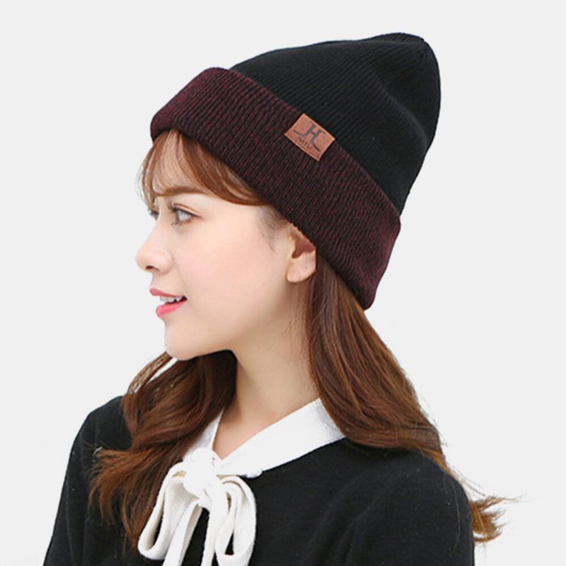 Unisex Wol Dikke Warme Letter Label Decoratie Brimless Beanie Gebreide Muts Toque Hoed