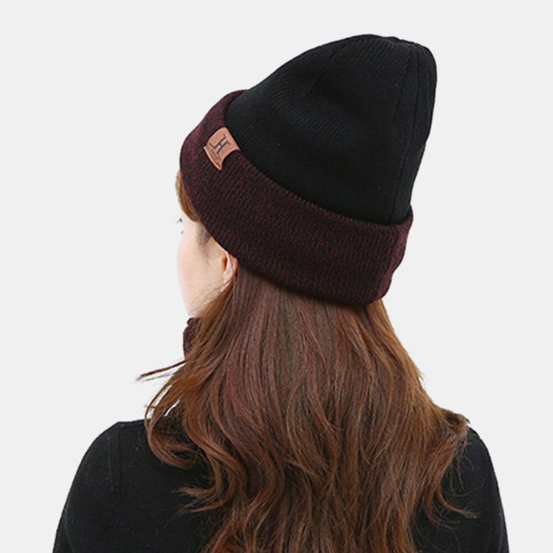 Unisex Wol Dikke Warme Letter Label Decoratie Brimless Beanie Gebreide Muts Toque Hoed