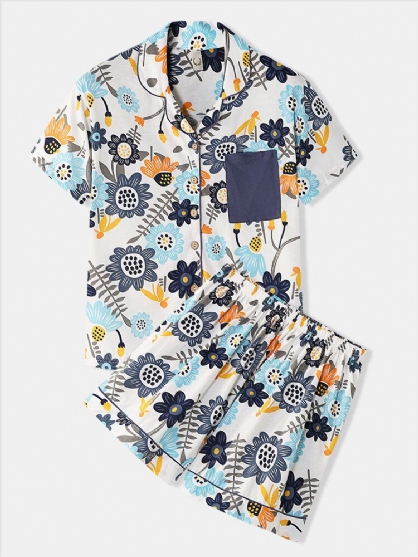 Dames Bloemenprint Korte Mouw Revere Kraag Thuis Casual Pyjamaset Met Korte Mouwen