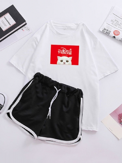 Dames Cartoon Kat Print Pyjama Korte Mouwen Trekkoord Sport Shorts Nachtkleding