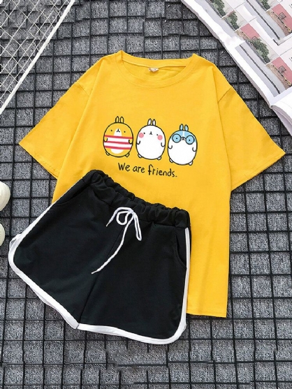 Dames Cartoon Print Leuke Pyjama Korte Set Tweedelige Nachtkleding Met Sport Shorts