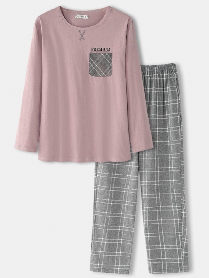 Heren 100% Katoen O-hals Borstzak Top Geruite Broek Thuis Pyjama Set