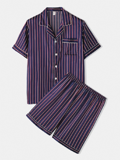 Heren Gestreepte Gladde Revere Kraag Zak Dichtgeknoopt Home Faux Zijden Pyjama Set