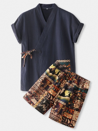 Heren Katoenen Vintage Print V-hals Stropdas Kant Kimono Ontspannen Pasvorm Korte Pyjama Sets