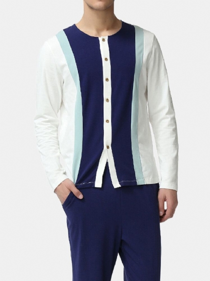 Heren Modal Knit Patchwork Button Up Lange Mouw Thuis Casual Pyjama Set