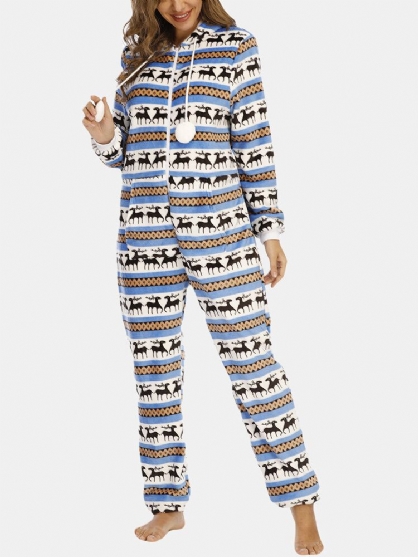 Kerstmis Vrouwen Flanel Elanden Grafische Pocket Hooded Jumpsuits Gezellige Warme Nachtkleding
