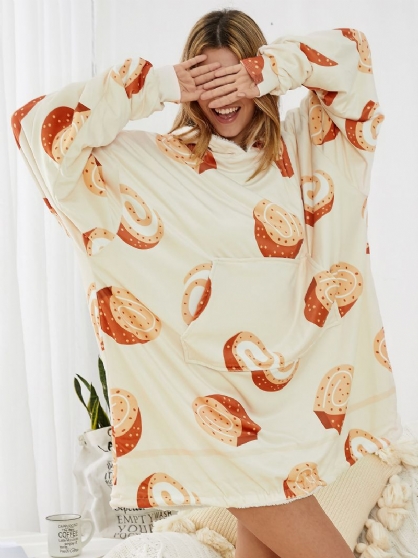 Vrouwen Cartoon Brood Print Warm Dikker Losse Thuis Deken Hoodie Met Kangoeroezak
