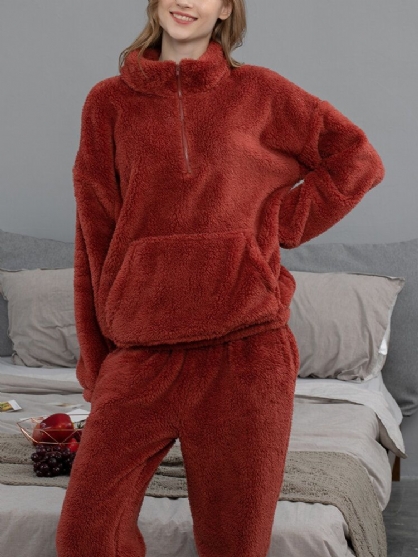 Vrouwen Effen Kleur Pluche Pluizige Kangoeroe Pocket Pullover Jogger Broek Thuis Pyjama Set