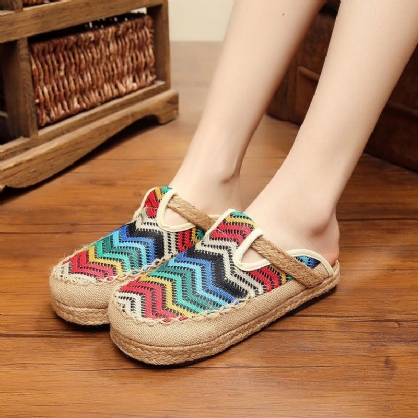 Dames Regenboog Espadrilles Ademend Vlas Casual Platte Rugloze Loafers