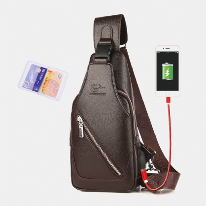 Mannen Pu Leer Usb Opladen Waterdicht Oortelefoon Gat Zakelijke Crossbody Tas Borsttas Sling Bag