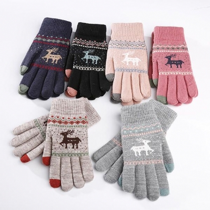 Dames Meisjes Winter Haak Gebreide Warme Handschoenen Touchscreen Leuke Herten Afdrukken Wanten