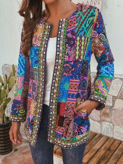 Etnische Stijl Vintage Bloemen Bedrukte Jassen Met Lange Mouwen Voor Dames