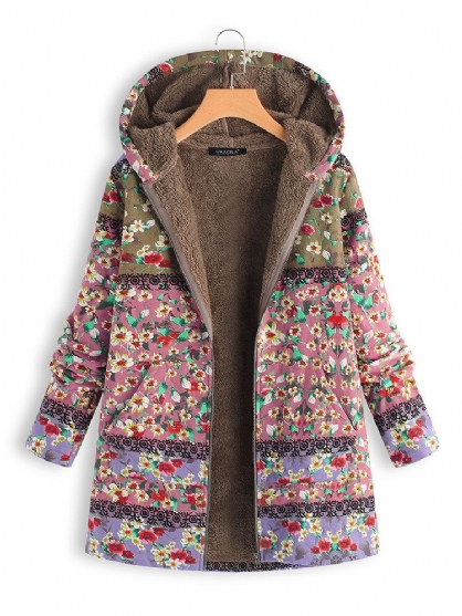 Vintage Dames Jassen Met Patchwork Bloemenprint En Capuchon Met Lange Mouwen
