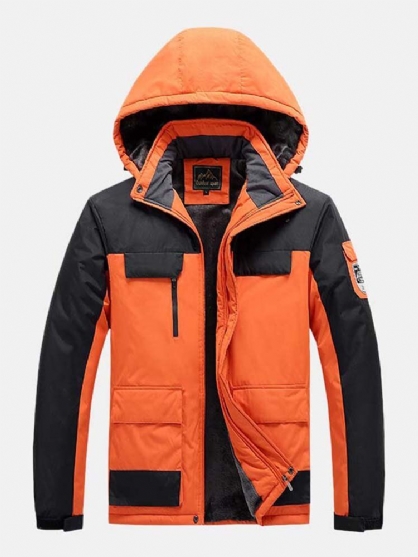Heren Contrast Patchwork Warme Fleece Gevoerde Warme Dikkere Utility Jassen Met Capuchon
