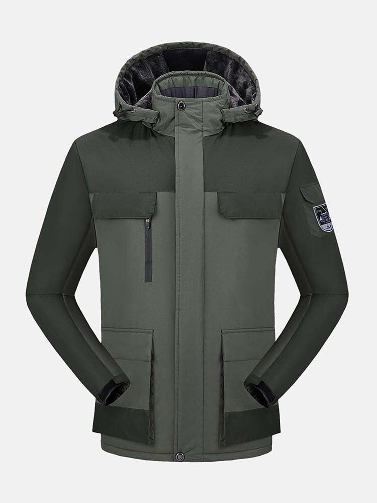 Heren Contrast Patchwork Warme Fleece Gevoerde Warme Dikkere Utility Jassen Met Capuchon