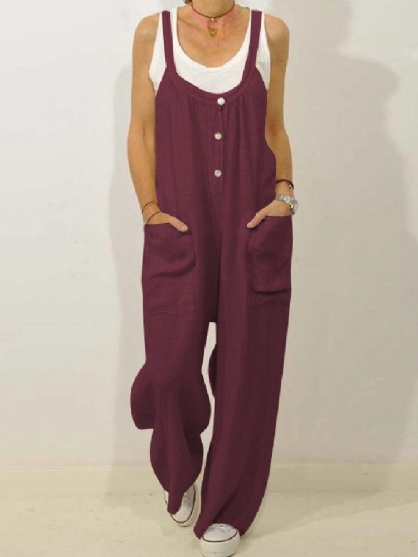Casual Jumpsuits Met Effen Knopen Aan De Voorkant En Dubbele Zak Voor Dames