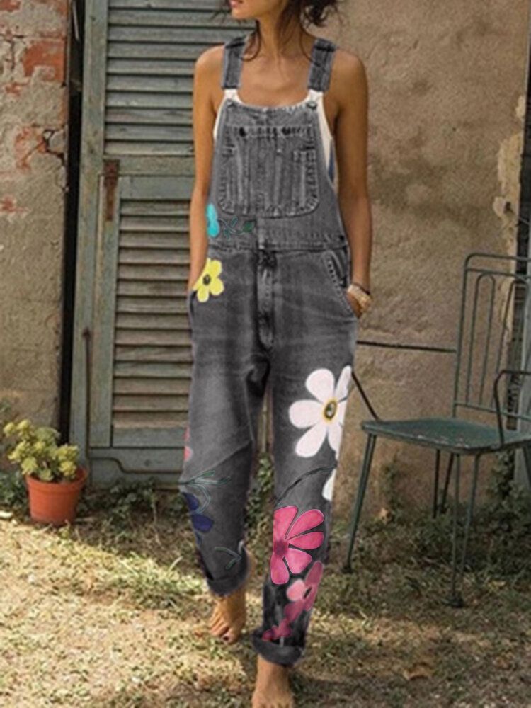 Dames Casual Grote Bloemenprint Zakken Denim Jumpsuit