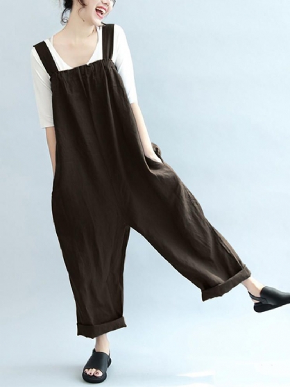 Dames Mouwloos Strappy Katoen Pure Kleur Lange Jumpsuit