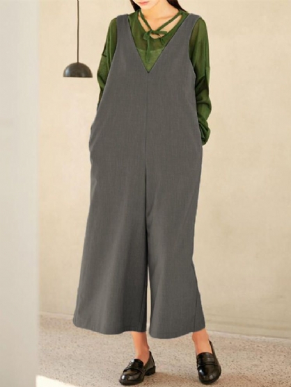 Dames Mouwloze Overalls Met V-hals En Wijde Pijpen