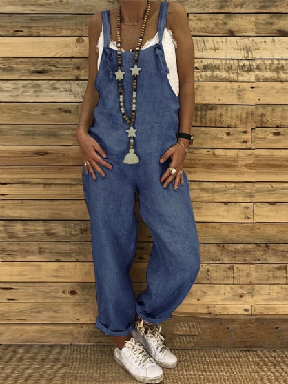 Dames Mouwloze Verstelbare Bandjes Effen Casual Denim Jumpsuit Overall