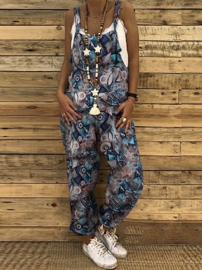 Vintage Visprint Vrouwen Casual Losse Jumpsuit Met Zakken