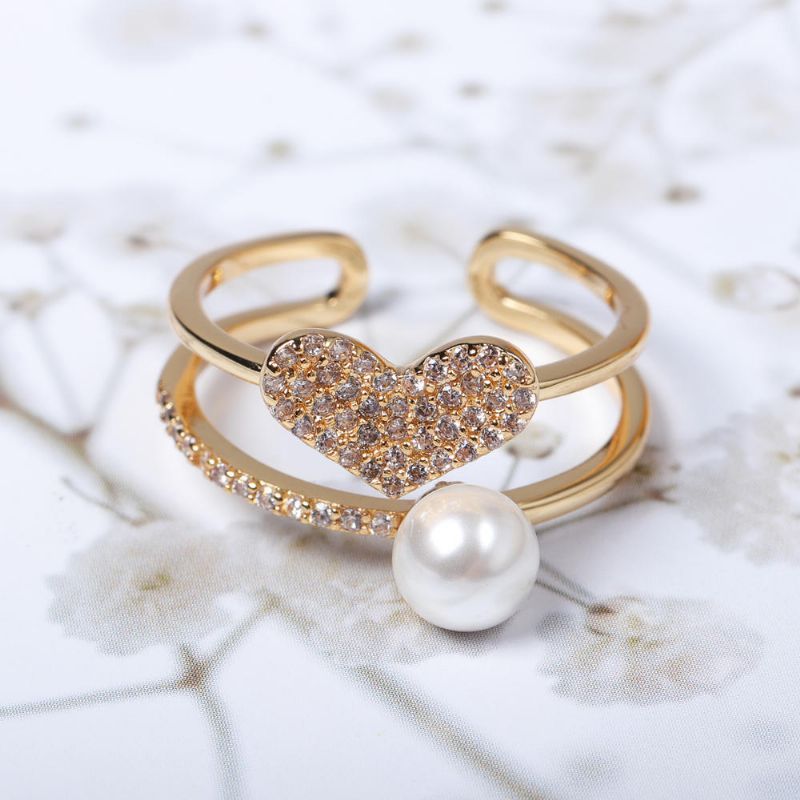 Mode Open End Ring 18k Vergulde Zirconia Dubbellaagse Hart Parel Ring Voor Dames