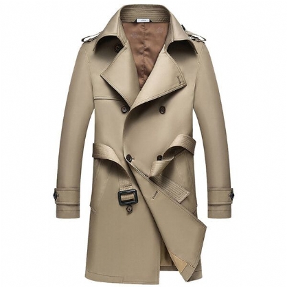 Heren Jas Met Omgeslagen Kraag En Lange Trenchcoat Slim Fit Polyester