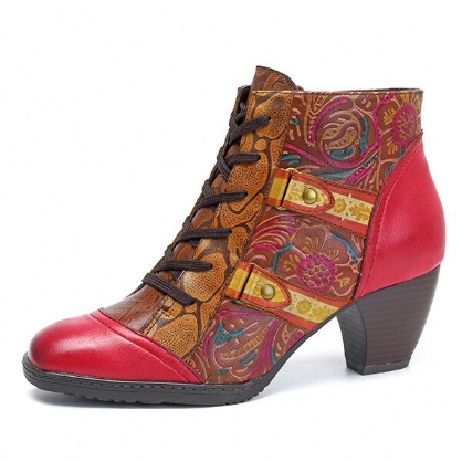 Bohemian Splicing Flower Pattern Lace Up Rits Enkel Leren Laarzen