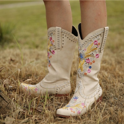 Grote Dames Bloemen Geborduurde Stevige Hak Slip Op Cowboylaarzen