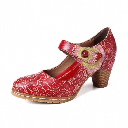 Retro Lederen Reliëf Bloemen Klittenband Enkelbandje Chunky Hak Pumps