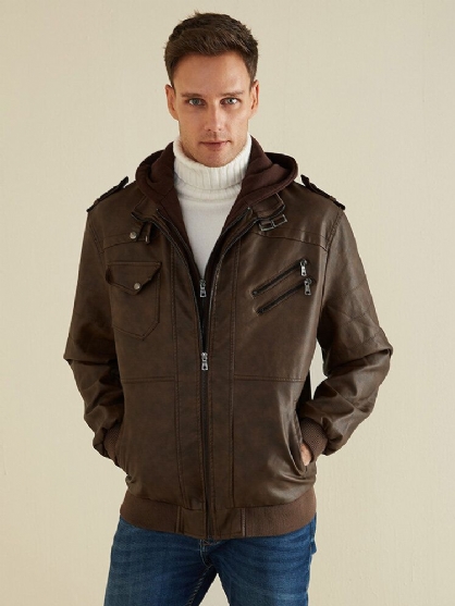 Heren Effen Kleur Multi Pocket Rits Pu Leer Afneembare Capuchon Jassen