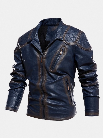 Heren Zip Front Fluwelen Gevoerde Pu Jas Met Rits Welt Zak