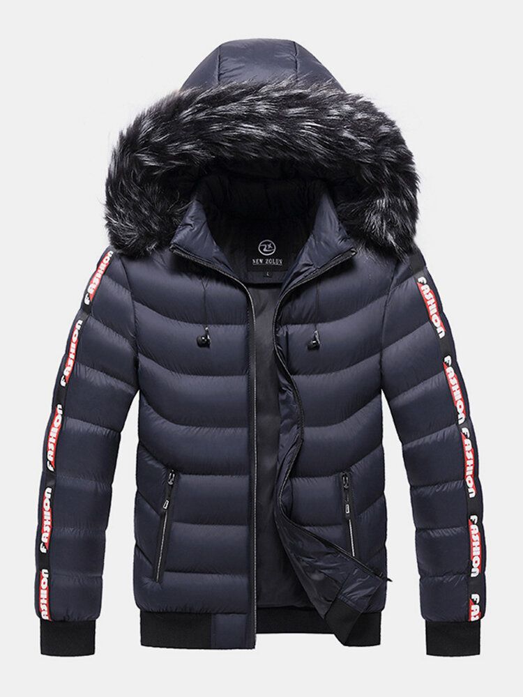 Mannen Letter Webbing Dikke Afneembare Bont Hooded Ritsvak Effen Kleur Donsjack