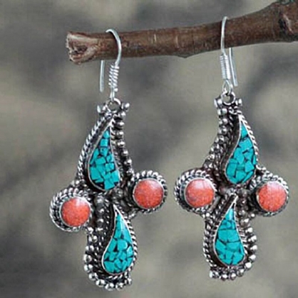 Vintage Turquoise Hanger Oorbellen Geometrische Metalen Veer Oorbellen