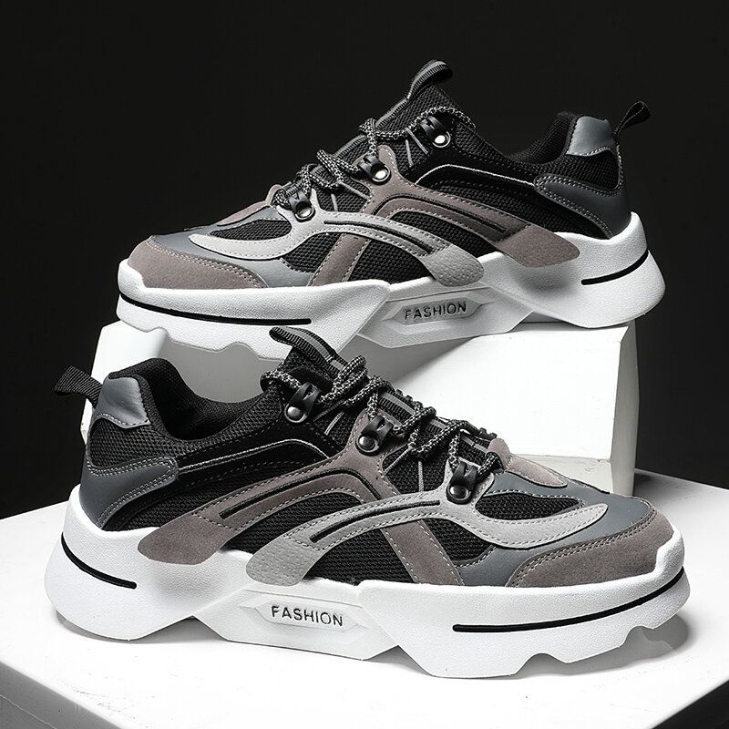 Mannen Stijlvolle Colorblock Mesh Lederen Splicing Comfortabele Ademende Casual Sneakers