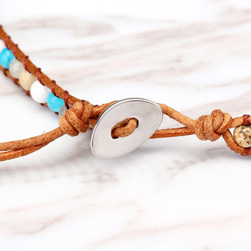 Etnische Oceaan Jasper Steen Armband Charm Wrap Lederen Armband Voor Vrouwen Retro Stijl Armband