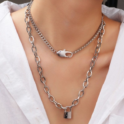 Punk Metalen Slot Hanger Sleutelbeen Ketting Geometrische Ronde Gesp Ketting Meerlaagse Ketting