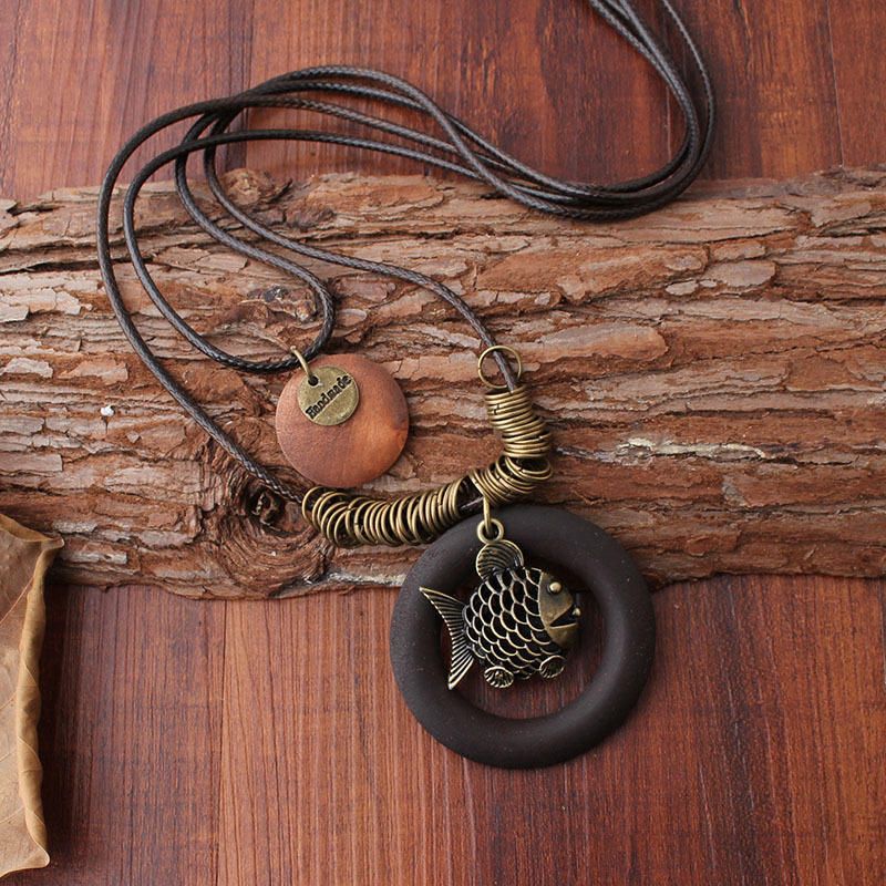 Vintage Enthische Houten Hanger Kettingen Vis Twee Lagen Wax Touw Ketting Voor Vrouwen For