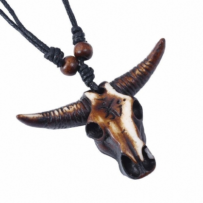Vintage Ox Skull Head Hanger Verstelbare Lether Lange Ketting Voor Mannen Vrouwen